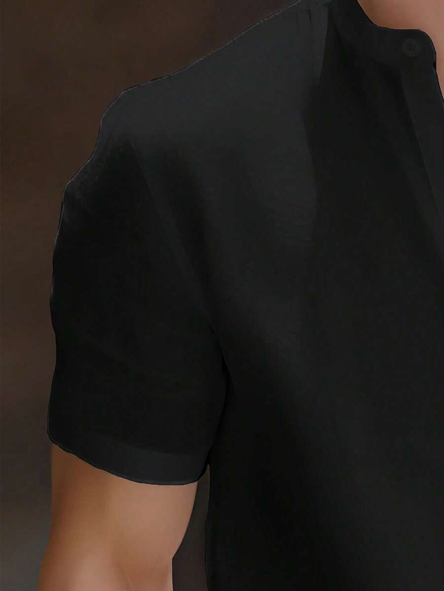 Men's Comfortable Short Sleeve Shirt, Vintage Retro Casual Collared Shirt, Slim Fit, Summer - Black - View 3