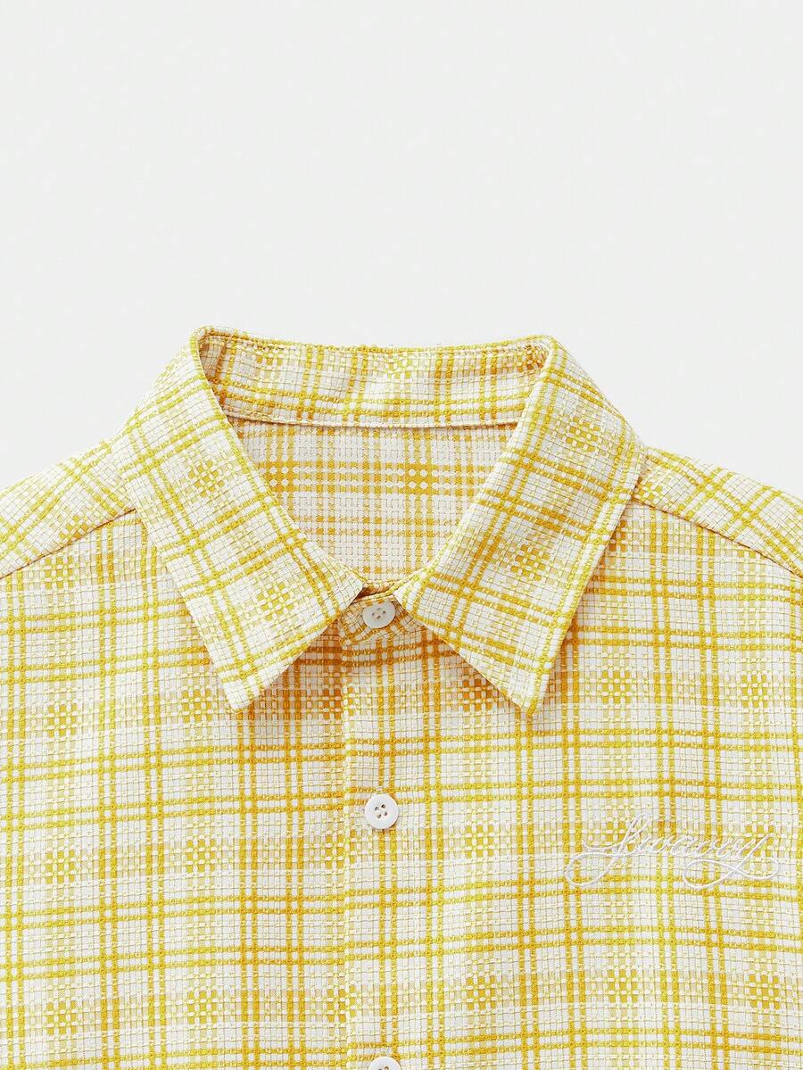 AXEPEAK Men's Casual Plaid Short Sleeve Shirt, Summer Yellow Plaid Shirt Boxy Cropped Men Shirts - Yellow - View 5
