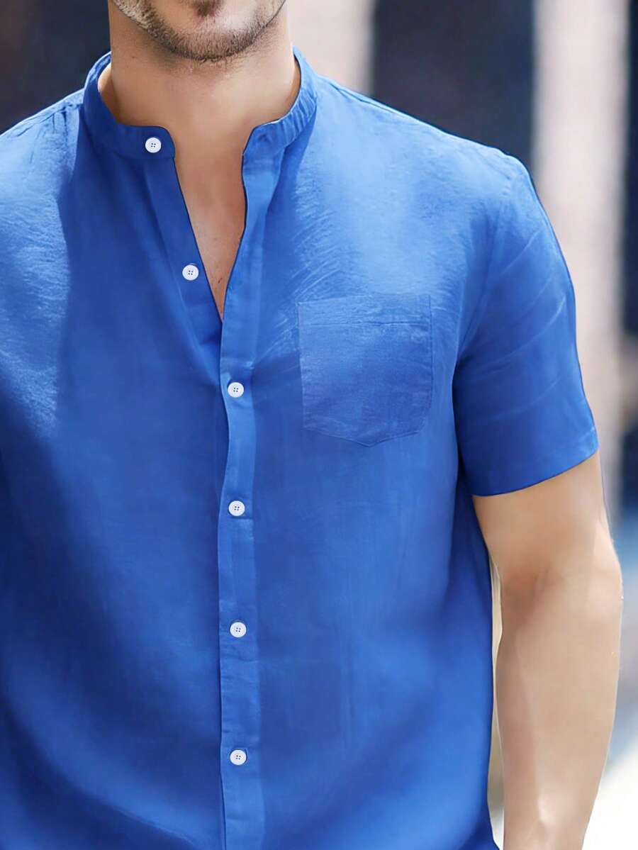 Men's Comfortable Short Sleeve Shirt, Vintage Retro Casual Collared Shirt, Slim Fit - Blue - View 4
