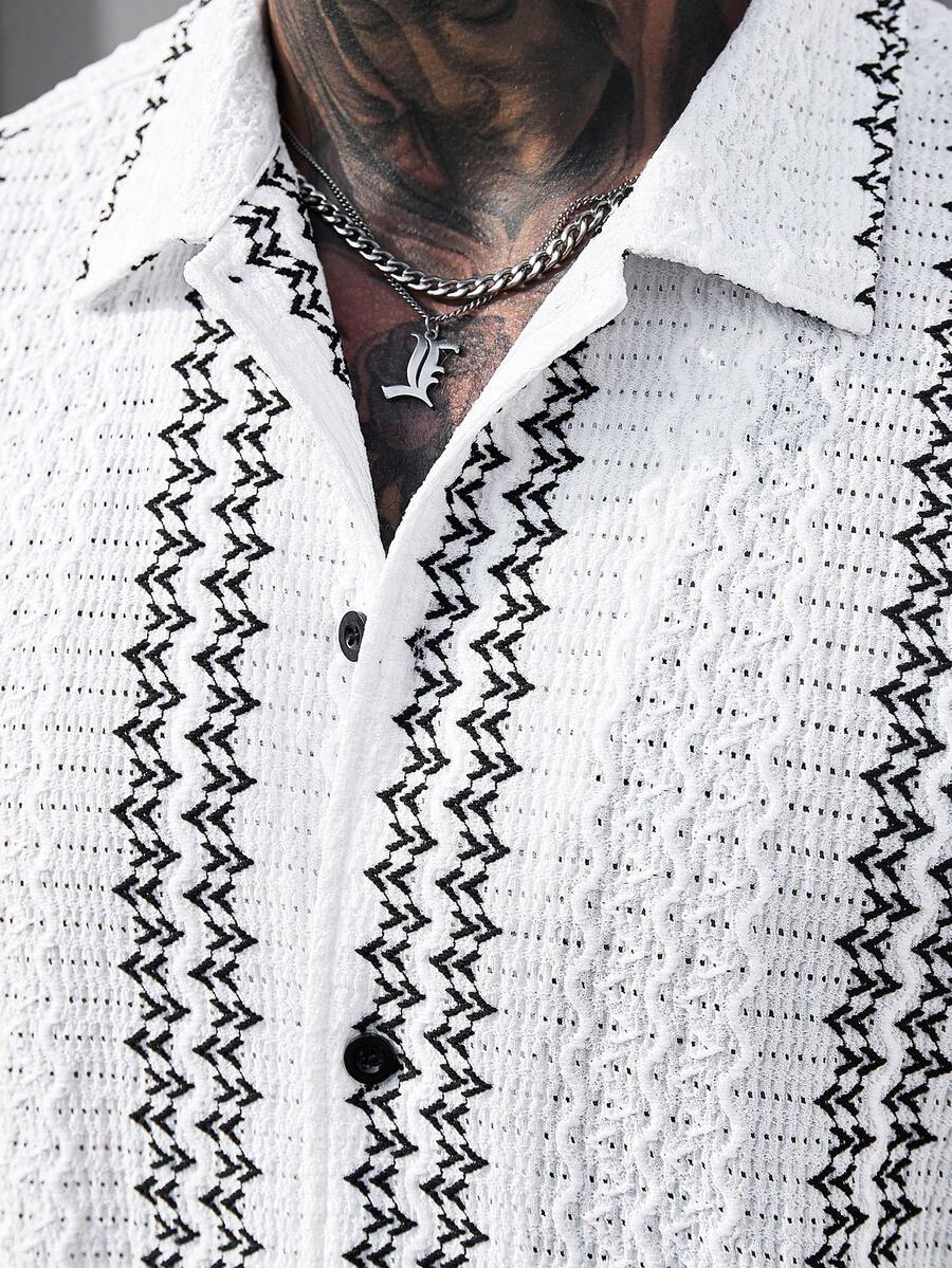 Manfinity Homme Men's White Textured Knit Jacquard Casual Short Sleeve Shirt Crochet Shirts Men Cuban Blk And Hawiian Men Shirt, Holiday - White - View 3