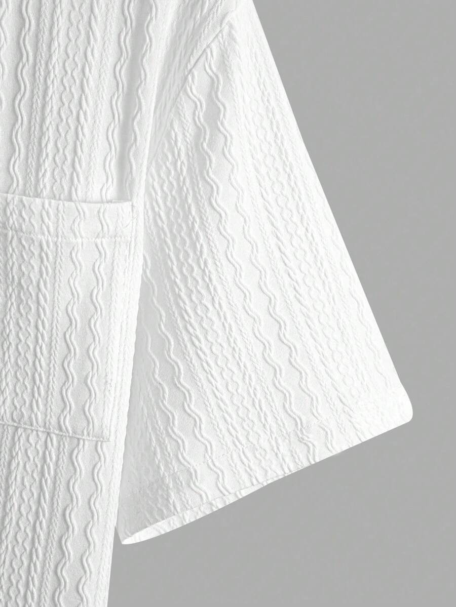 Men's Textured Shirt Collar Short Sleeve Shirt, Vacation Style Revere Collar Button Casual Shirt, Minimalist Elegant Short Sleeve Shirt For Commuting, Summer Beach Casual Shirt With Shirt Collar, Comfortable Versatile Streetwear - White - View 8