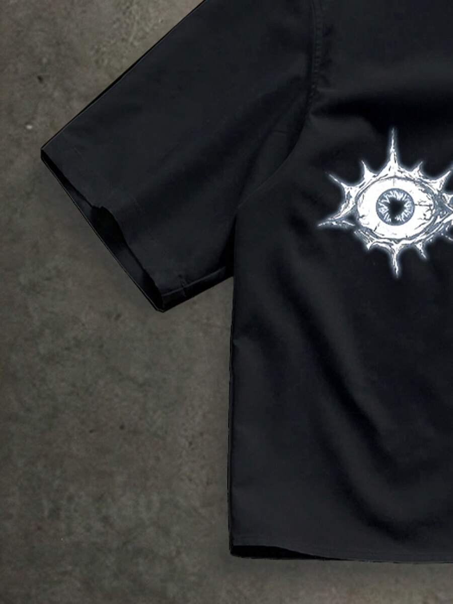 Manfinity ZONE917 Men's Boxy Street Dark Eye Pattern Loose Eye Print Short Sleeve Shirt, Suitable For Spring And Summer, Ceremony - Black - View 4