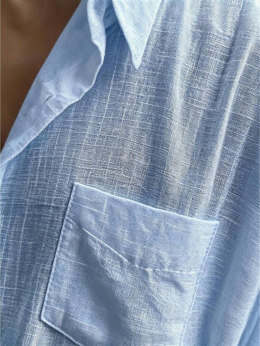 Men's Solid Color Long Sleeve Single Pocket Loose Casual Plus Size Shirt, Suitable For Autumn - Blue - View 6