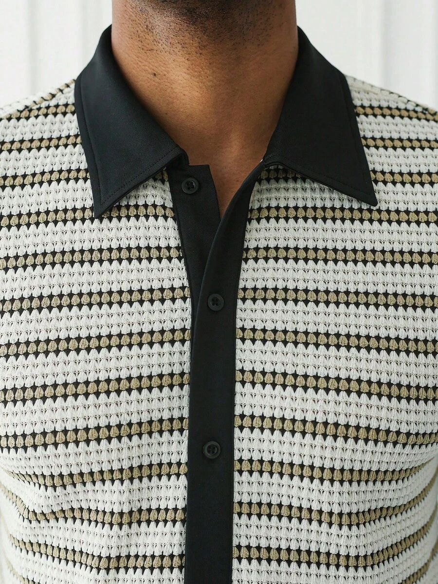 HUEFORM Men's Summer Striped Textured Knit Color-Block Loose Casual Short Sleeve Shirt Top - Khaki - View 5