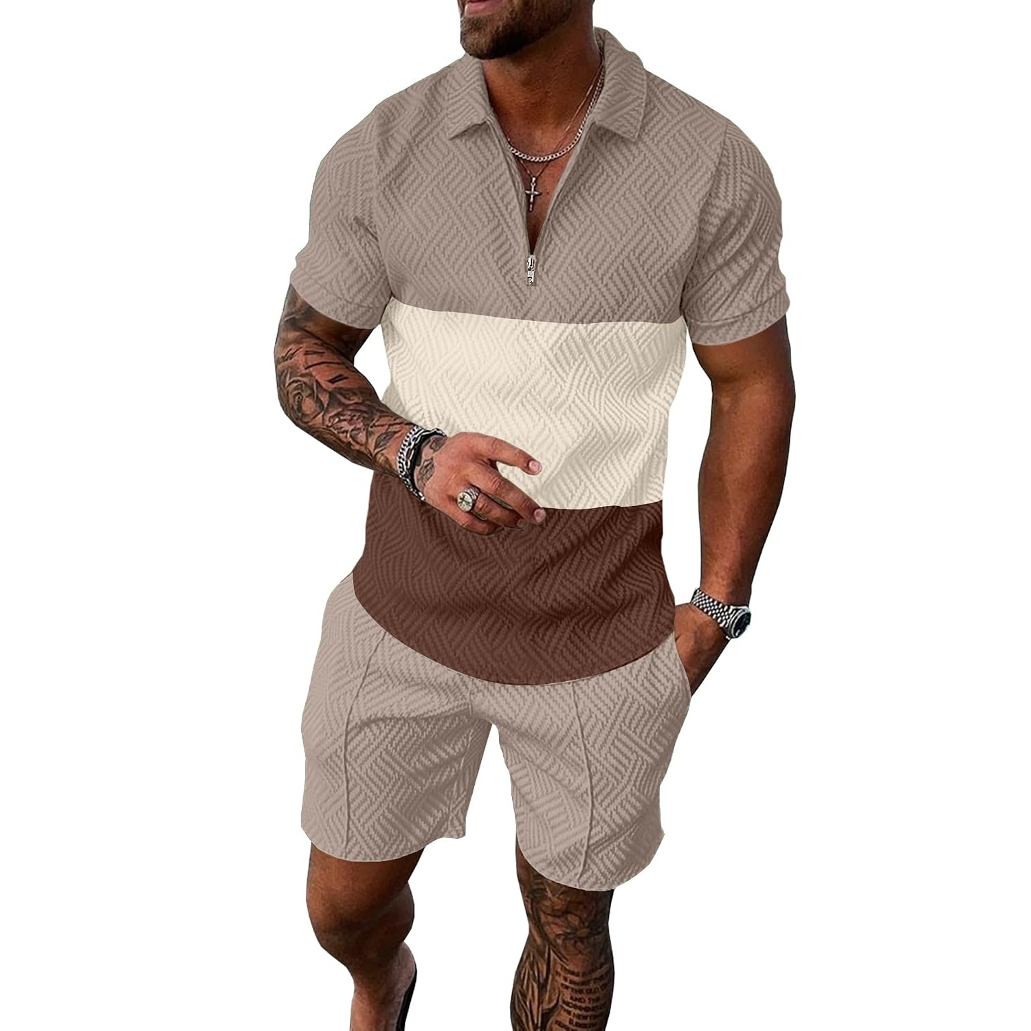Summer Track Short Sleeve Suit Set With Zip For Men