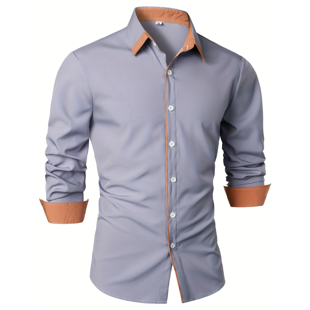 Casual Long Sleeve Shirt With Contrast Color Statement Trim For Men