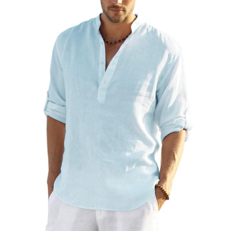 Casual Stand Collar Long Roll Up Sleeve Button Down Shirt For Men