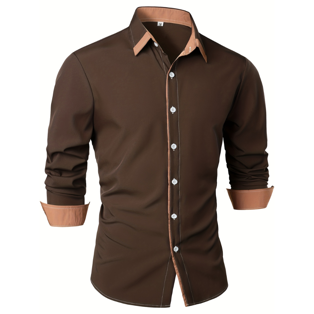 Casual Long Sleeve Shirt With Contrast Color Statement Trim For Men