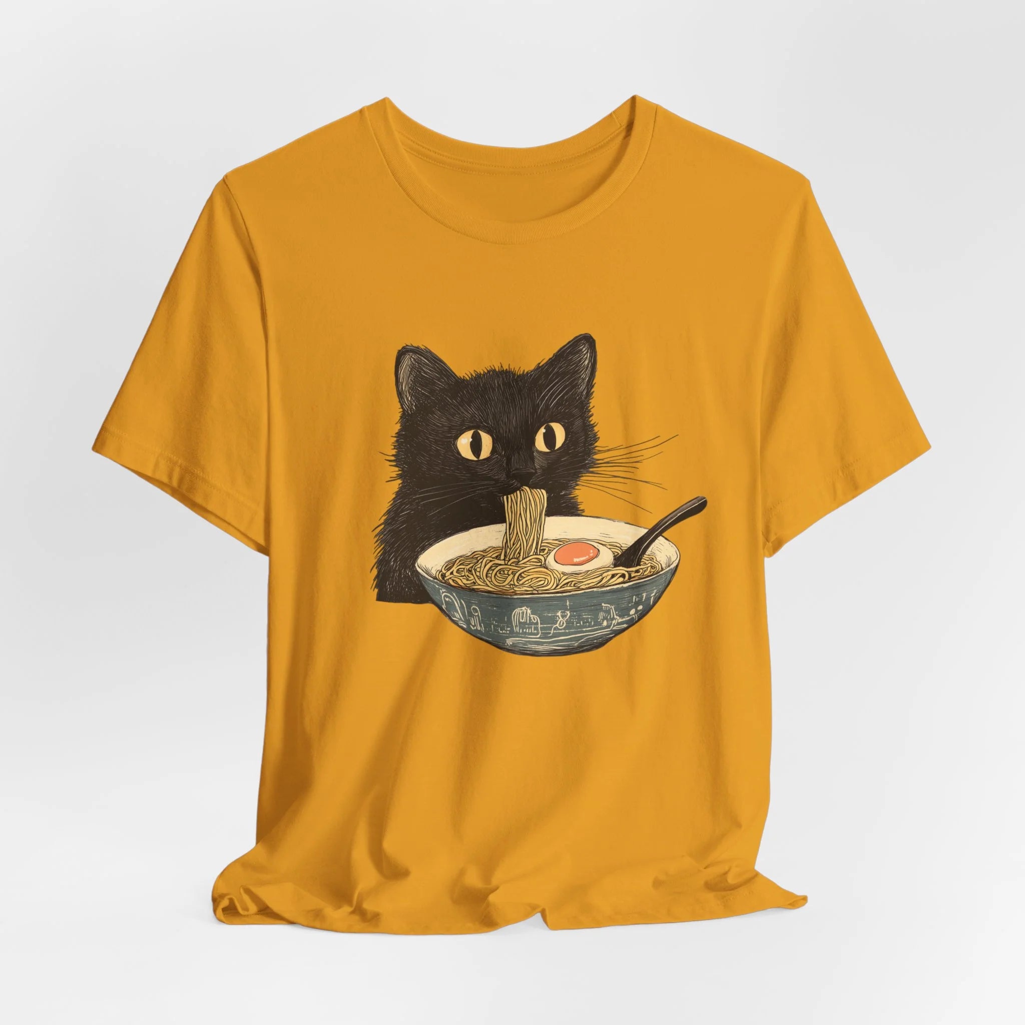 Cat Eating Bowl Of Ramen Noodles Printed T Shirt
