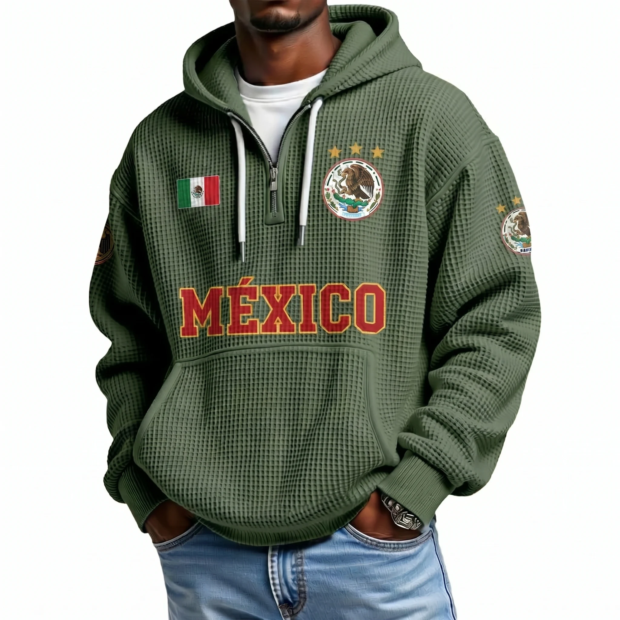 Mexico Printed Waffle Quarter Zip Football Fan Hoodie
