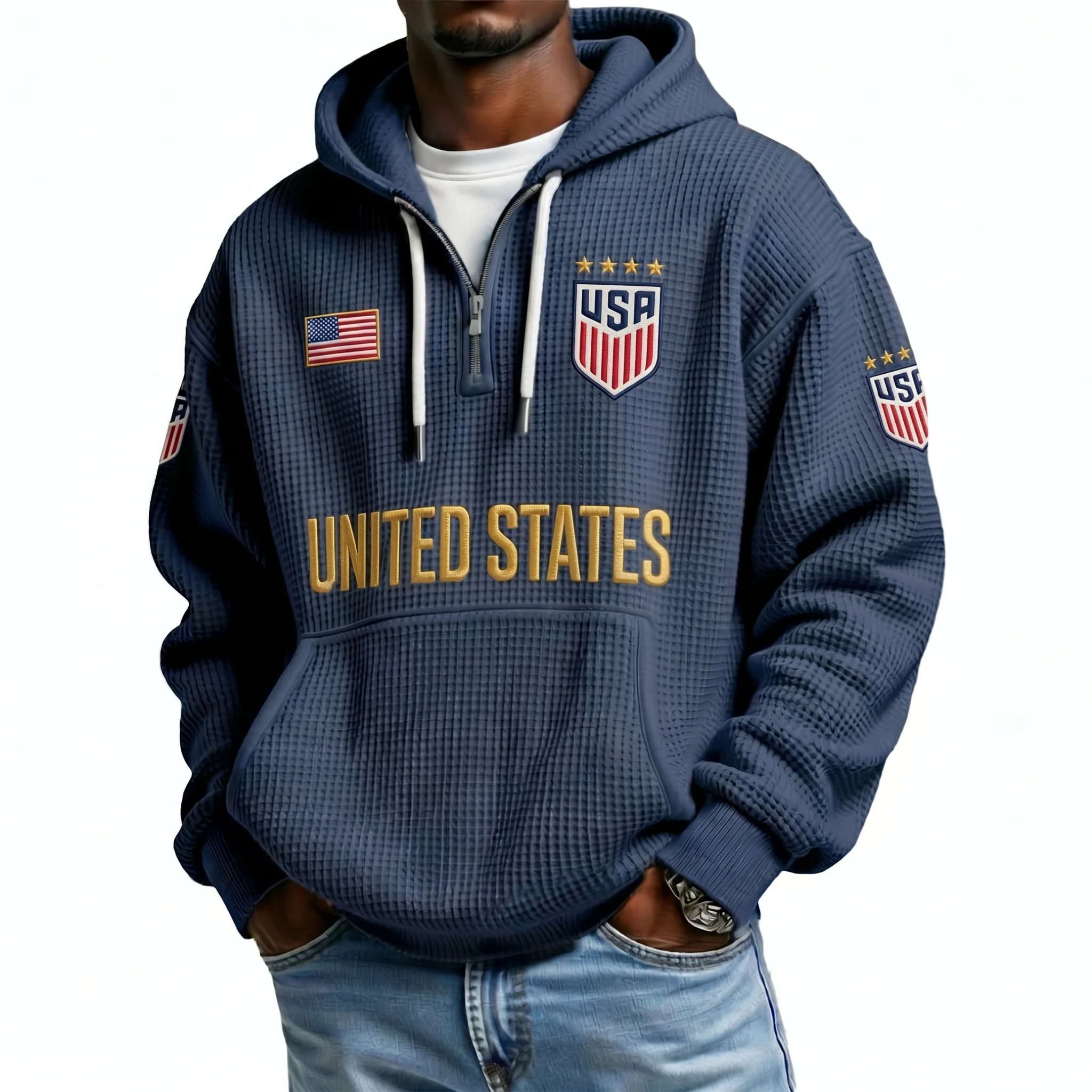 United States Printed Waffle Quarter Zip Football Fan Hoodie