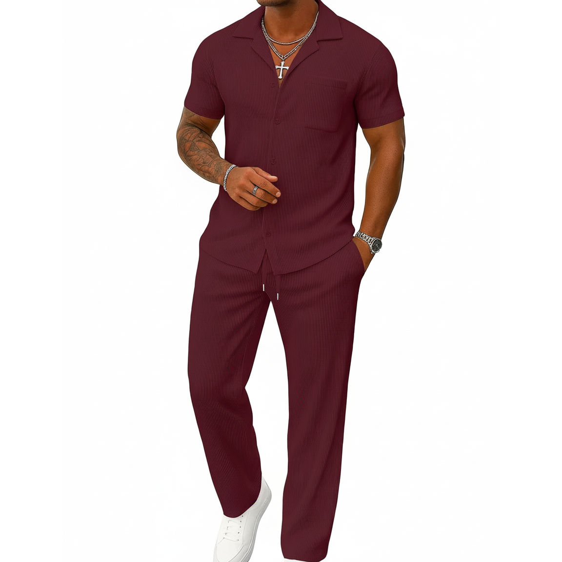 Casual Summer Short Sleeve Shirt With Pant Set For Men