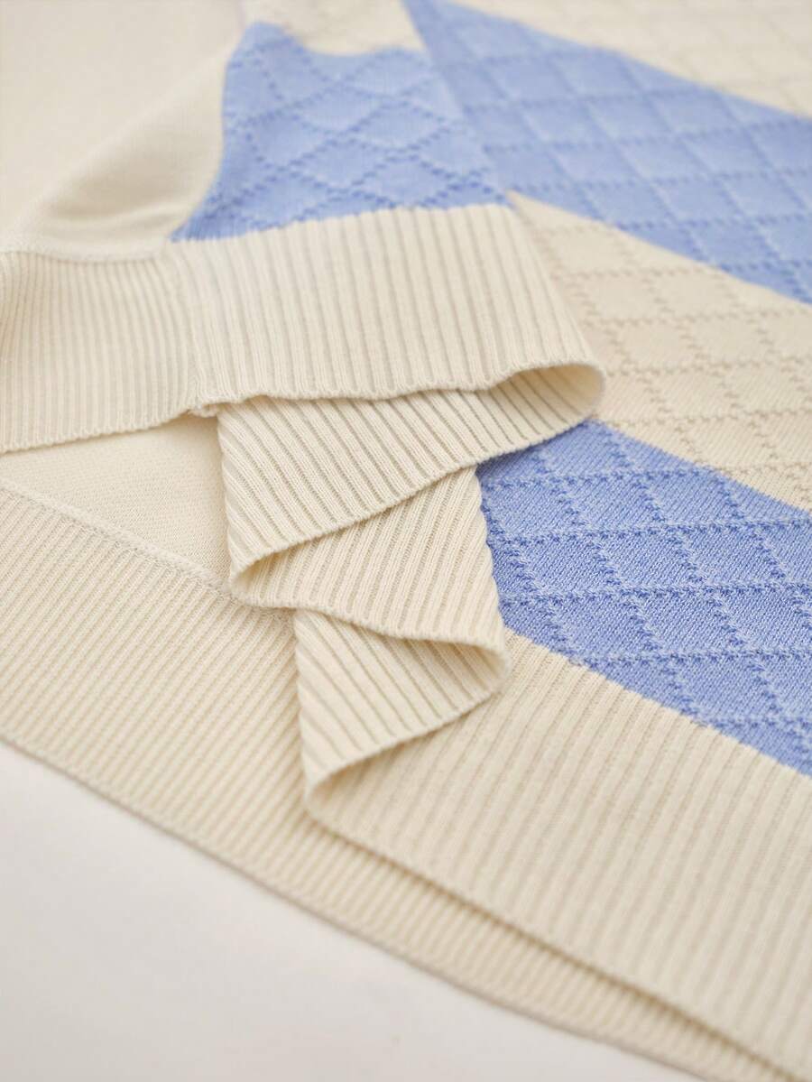 RONVEXI Men's Knit Contrast Stripe Short Sleeve Top, Casual, Comfortable Breathable Lightweight Knit Top For Casual Wear, Suitable For Vacation And Valentine's Day - Blue and White - View 7