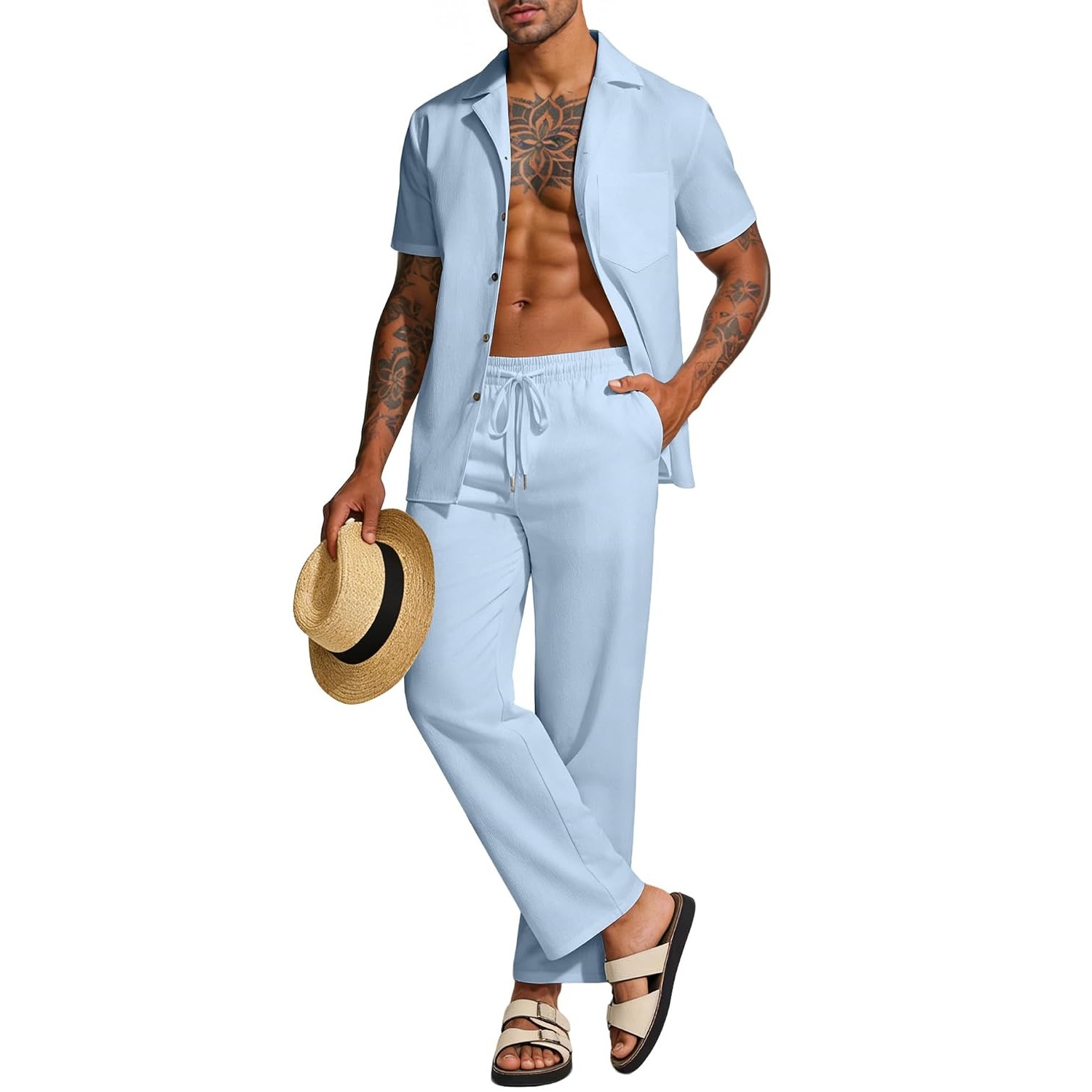 Casual Linen Summer Beach Shirt And Pant Set For Men