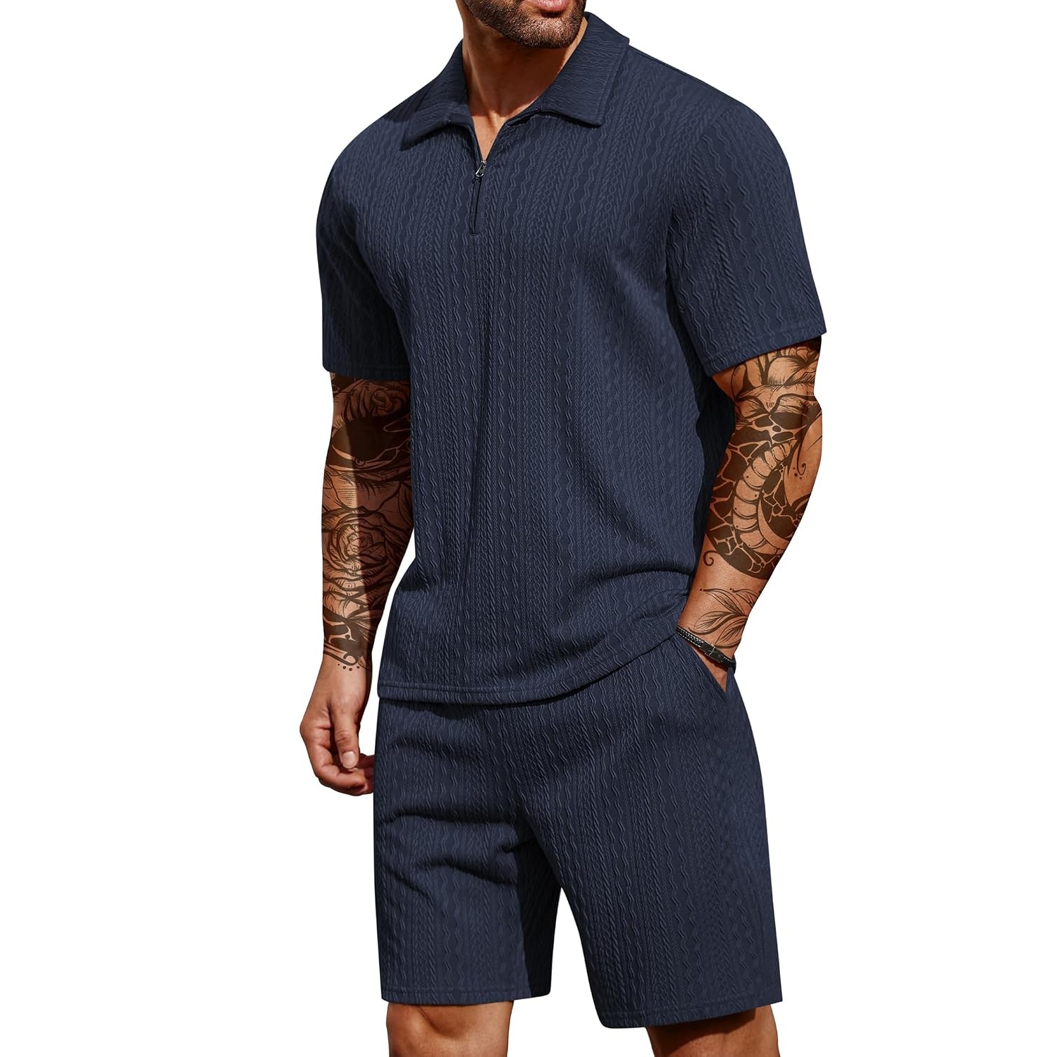Casual Summer Athletic Quarter Shorts And Polo Shirt Set For Men