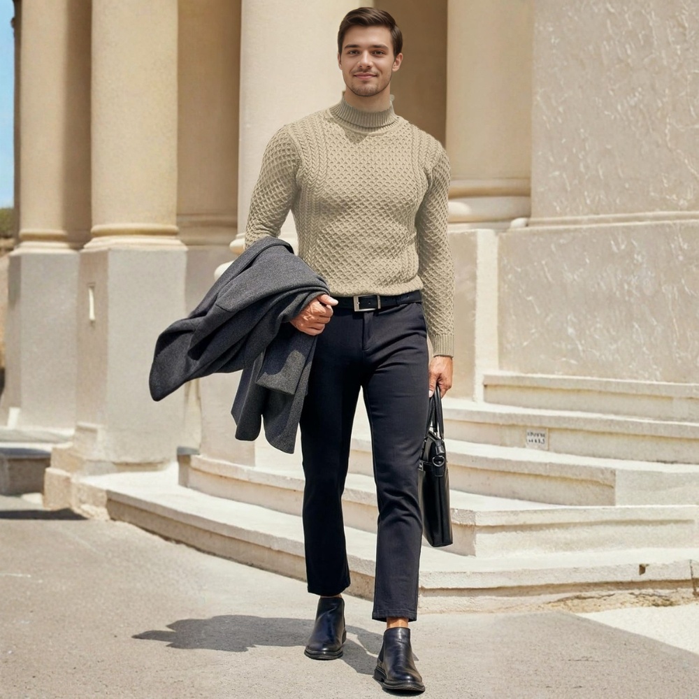 Men's Slim Fit Turtleneck Sweater Casual Knitted Twisted Pullover Solid Sweaters