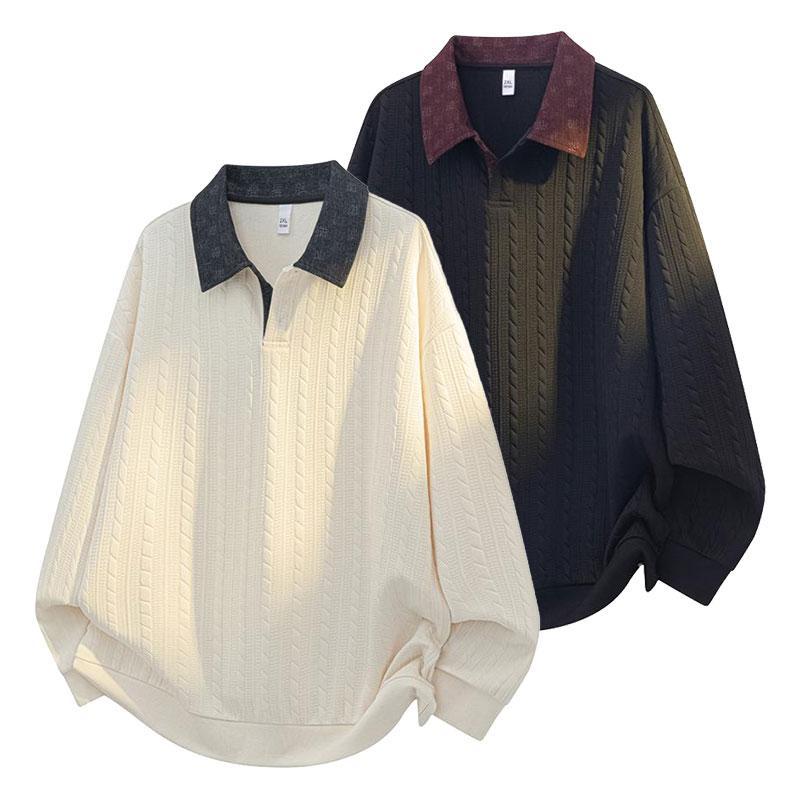 Pack of 2 Cable Knit Long Sleeve Polo Pullover T Shirt with Contrast Collar for Men