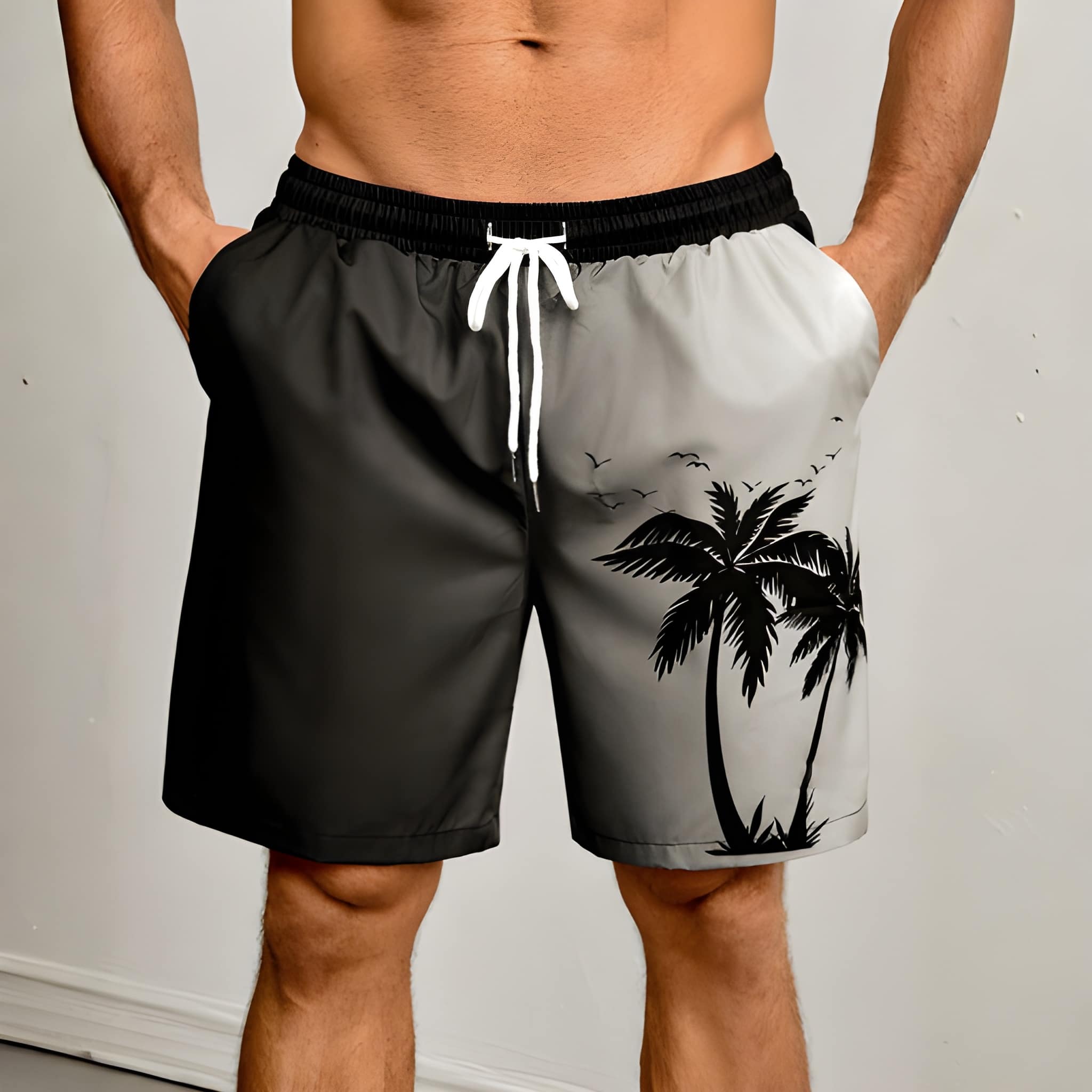 Coconut Tree Ombre Print Drawstring Swim Trunks For Men