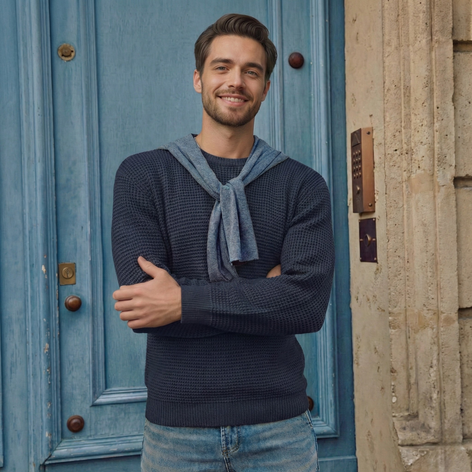 Waffle Textured Long Sleeve Knit Pullover