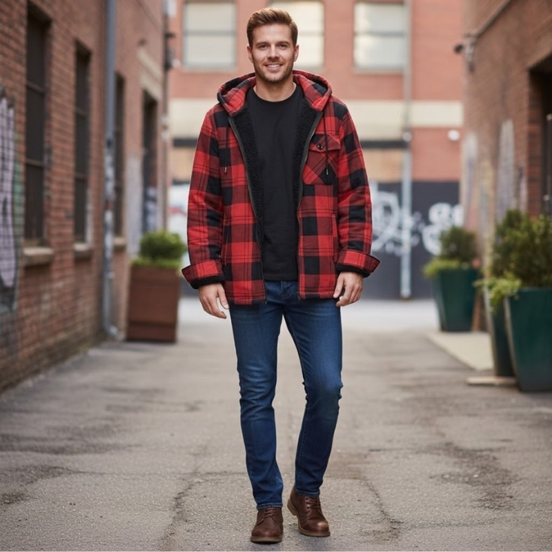 Plaid Flannel Jacket With Sherpa Lining And Fleece Interior For Men