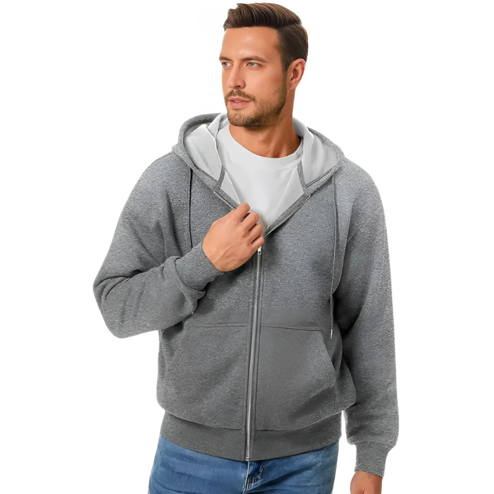 Men Full Zip Cotton Fleece Hoodie Sweatshirt