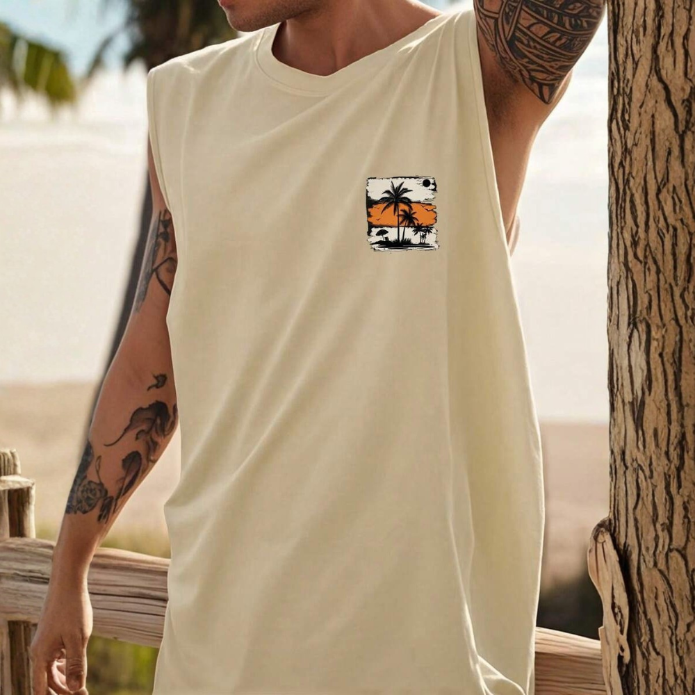 Coconut Tree Letter Print Casual Tank Top For Men