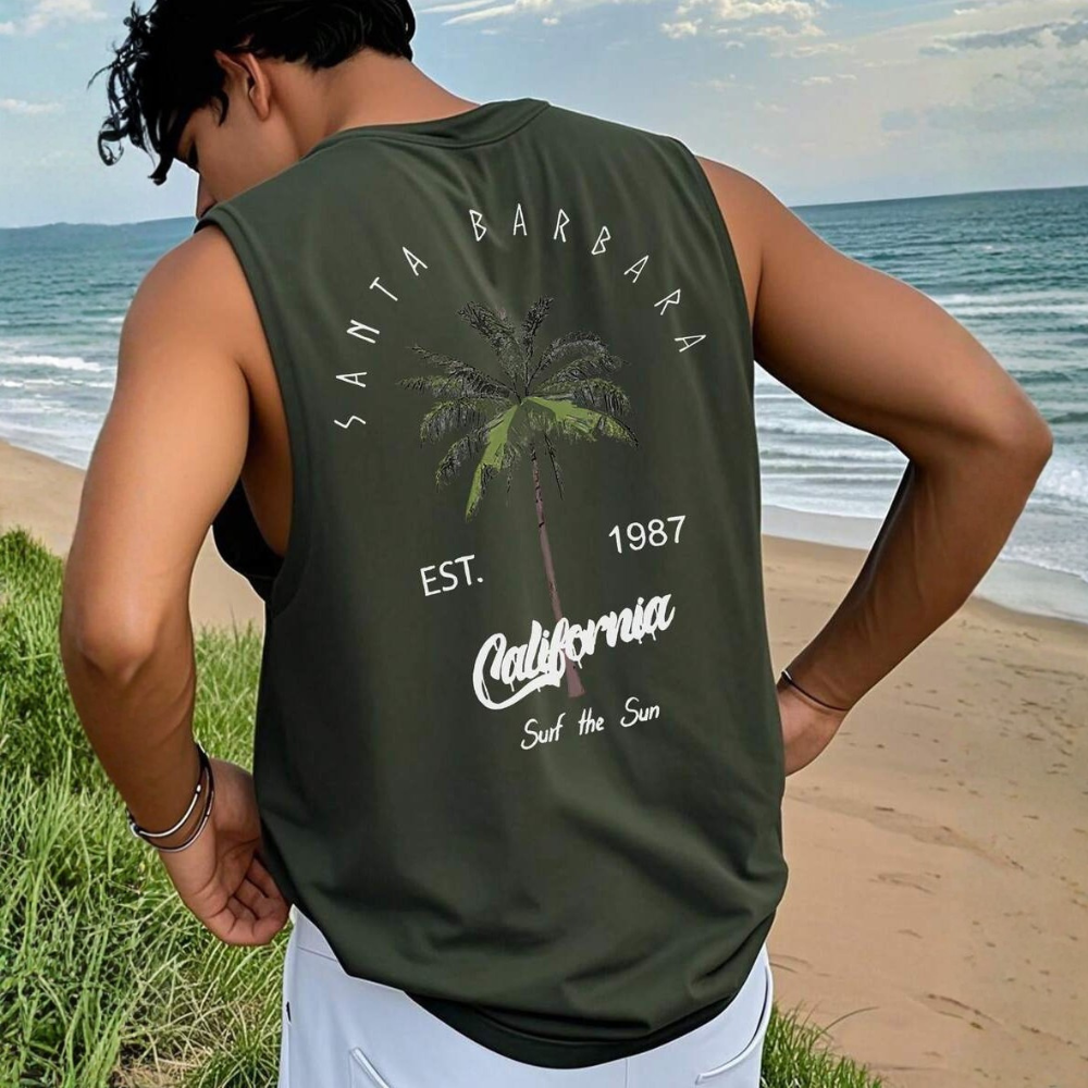 Coconut Tree Letter Print Casual Tank Top For Men