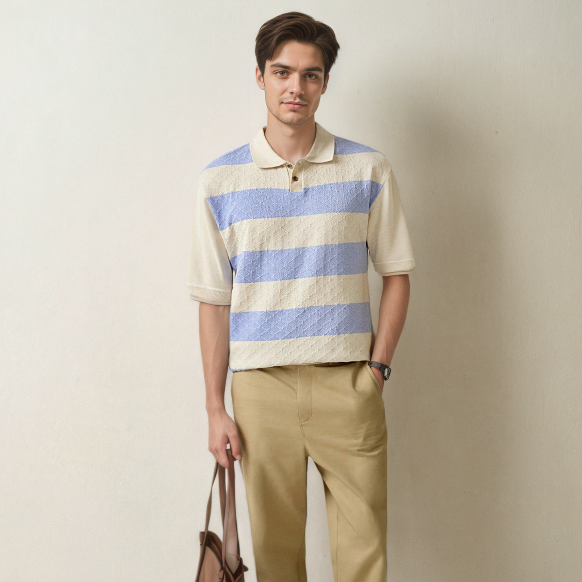 Casual Striped Knit Short Sleeve Polo Shirt For Men
