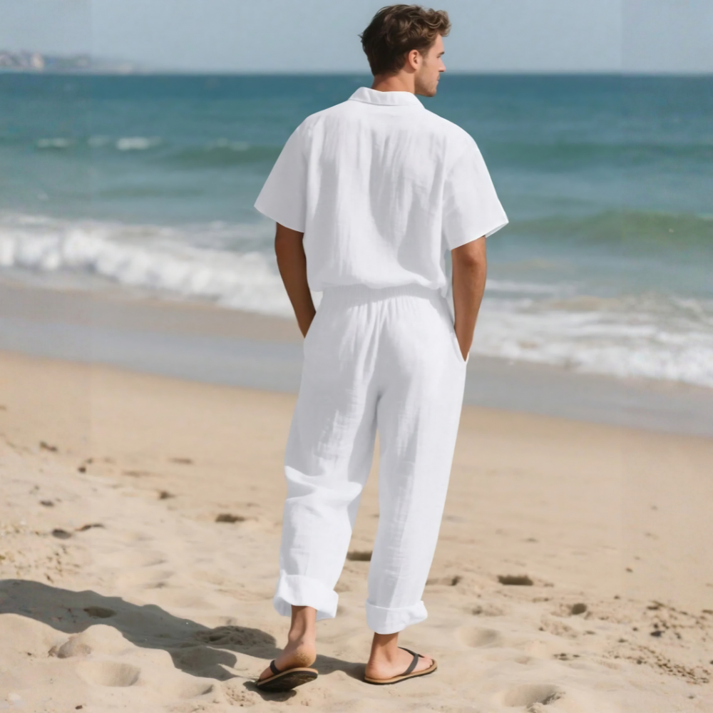Casual Linen Two Piece Short Sleeve Shirt And Pants Set For Men