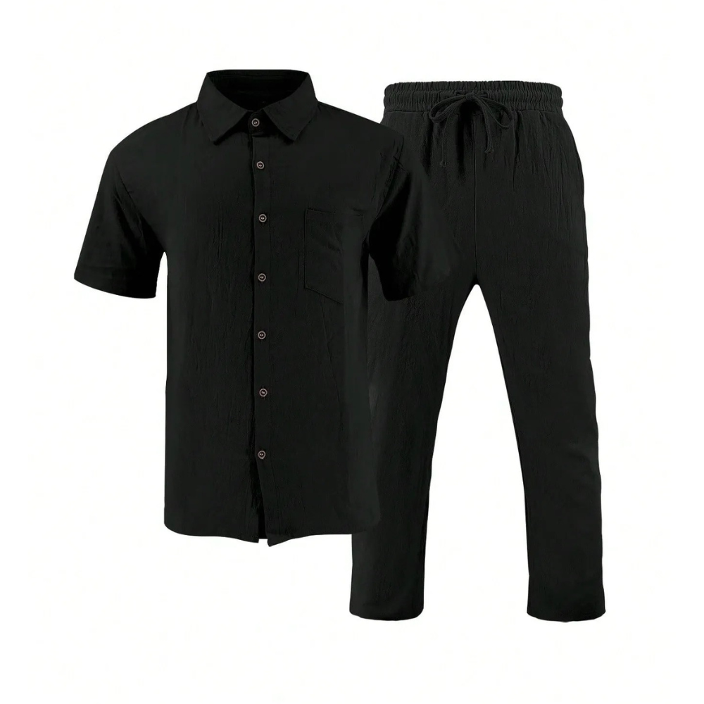 Casual Linen Two Piece Short Sleeve Shirt And Pants Set For Men