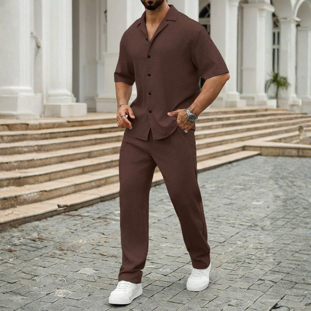 Linen Short Sleeve Ruffle Tape Shirt And Drawstring Pants For Men