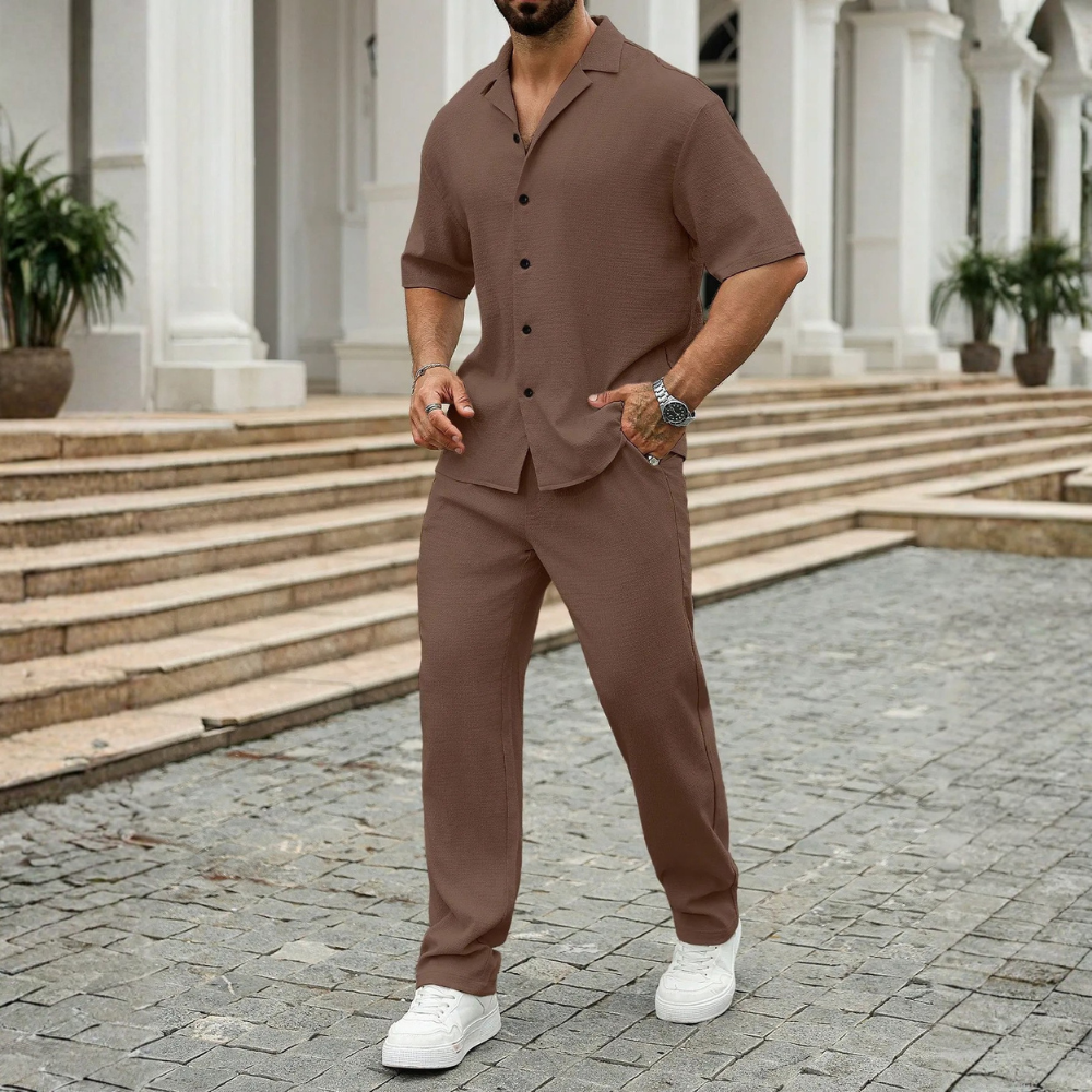 Linen Short Sleeve Ruffle Tape Shirt And Drawstring Pants For Men