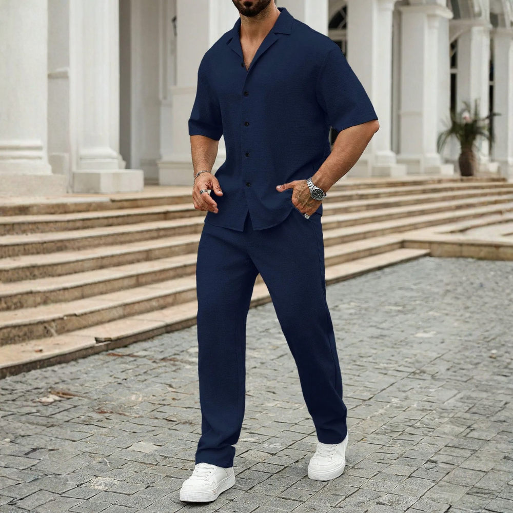 Linen Short Sleeve Ruffle Tape Shirt And Drawstring Pants For Men