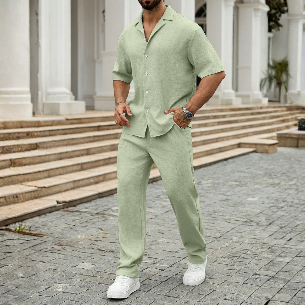 Linen Short Sleeve Ruffle Tape Shirt And Drawstring Pants For Men