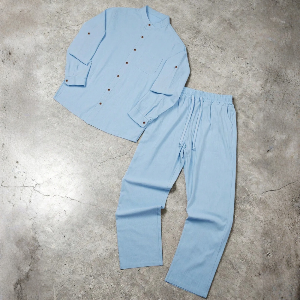 Lightweight Loose Long Sleeve Button Up Shirt And Straight Pants For Men