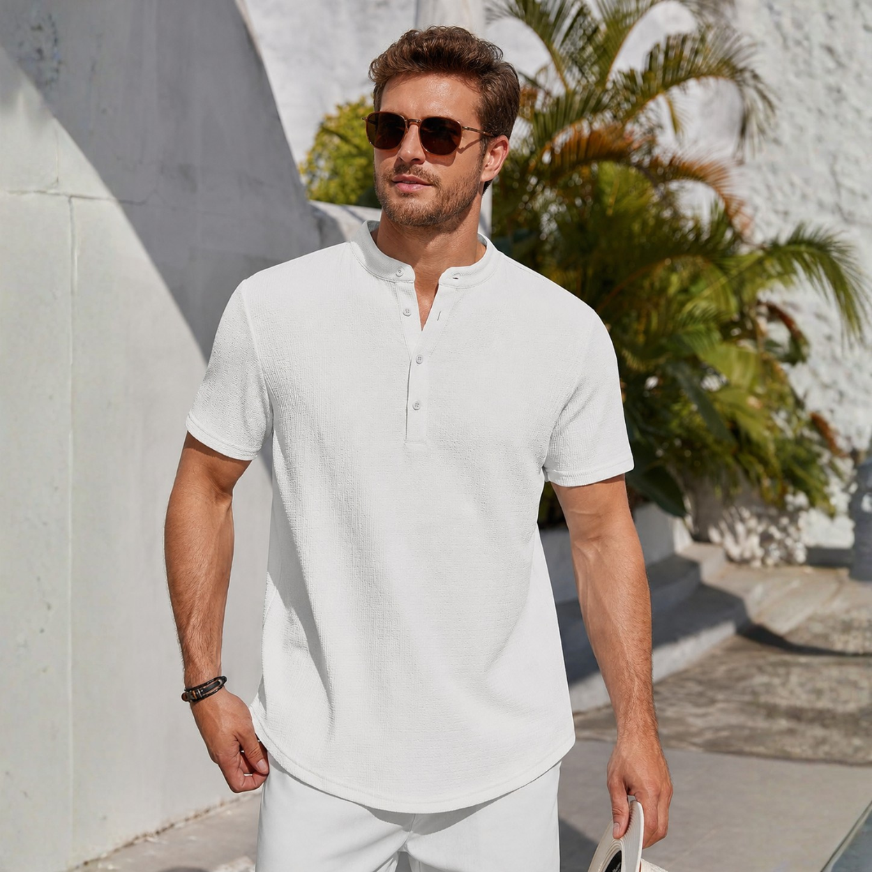 Short Sleeve Stand Collar Casual Beach Shirt For Men