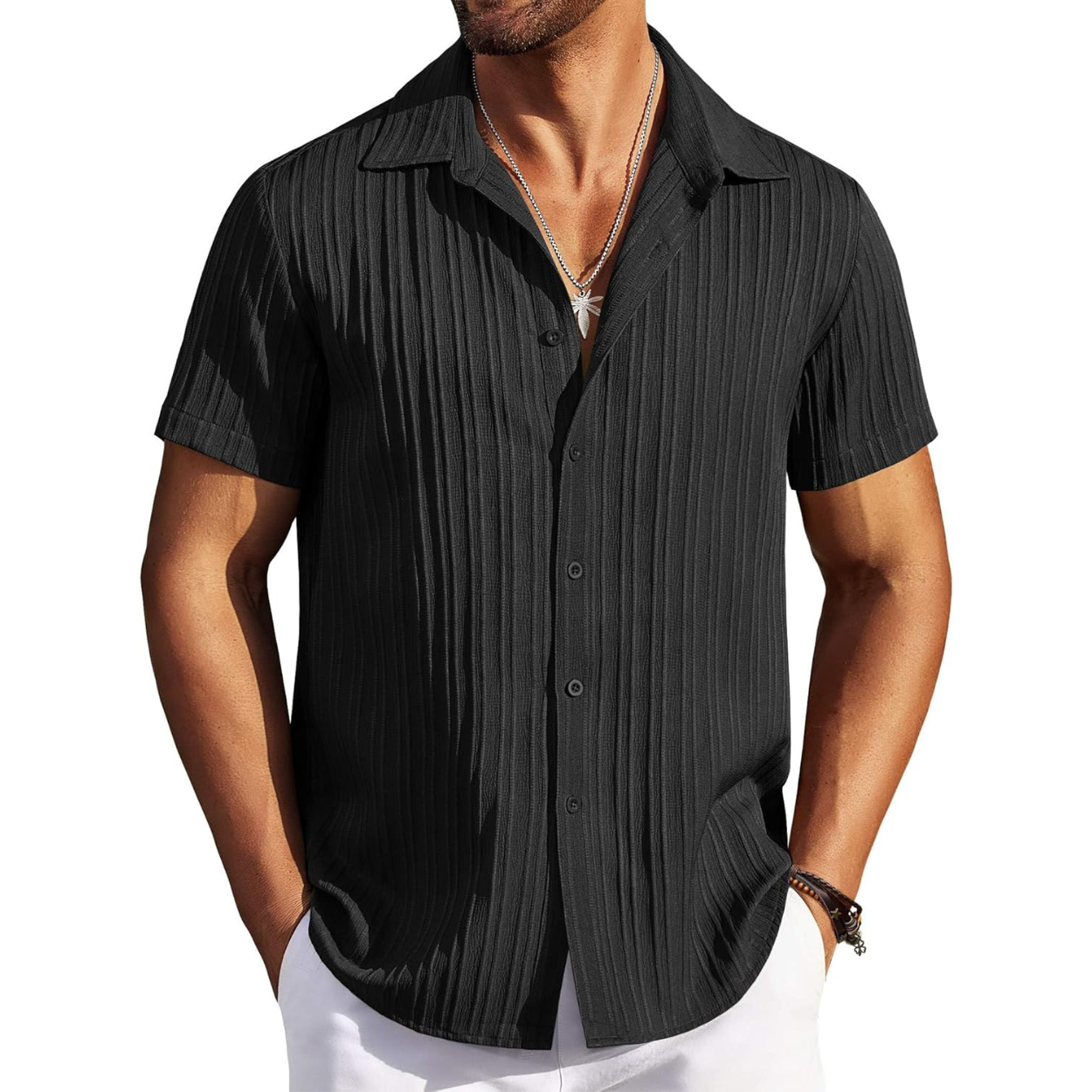Casual Short Sleeve Textured Button Down Summer Beach Shirt For Men 