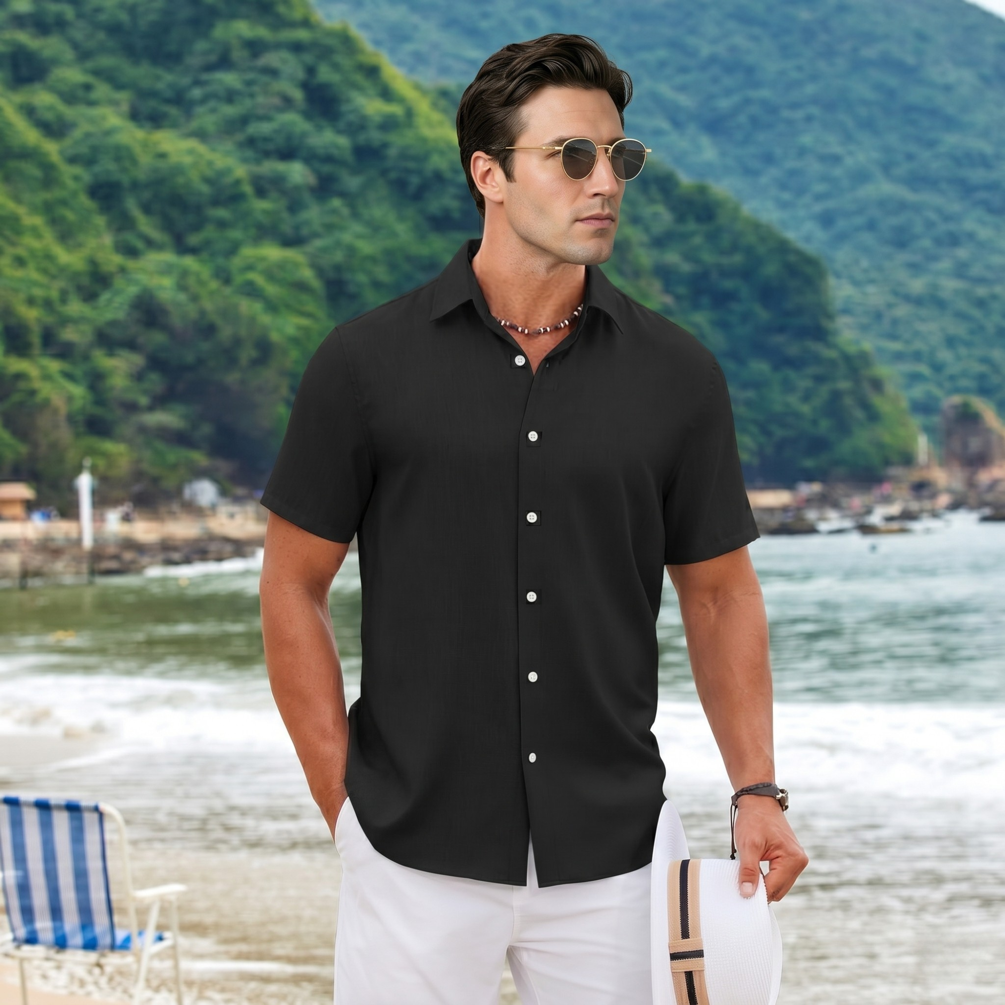 Casual Lightweight Linen Beach Button Down Summer Shirt