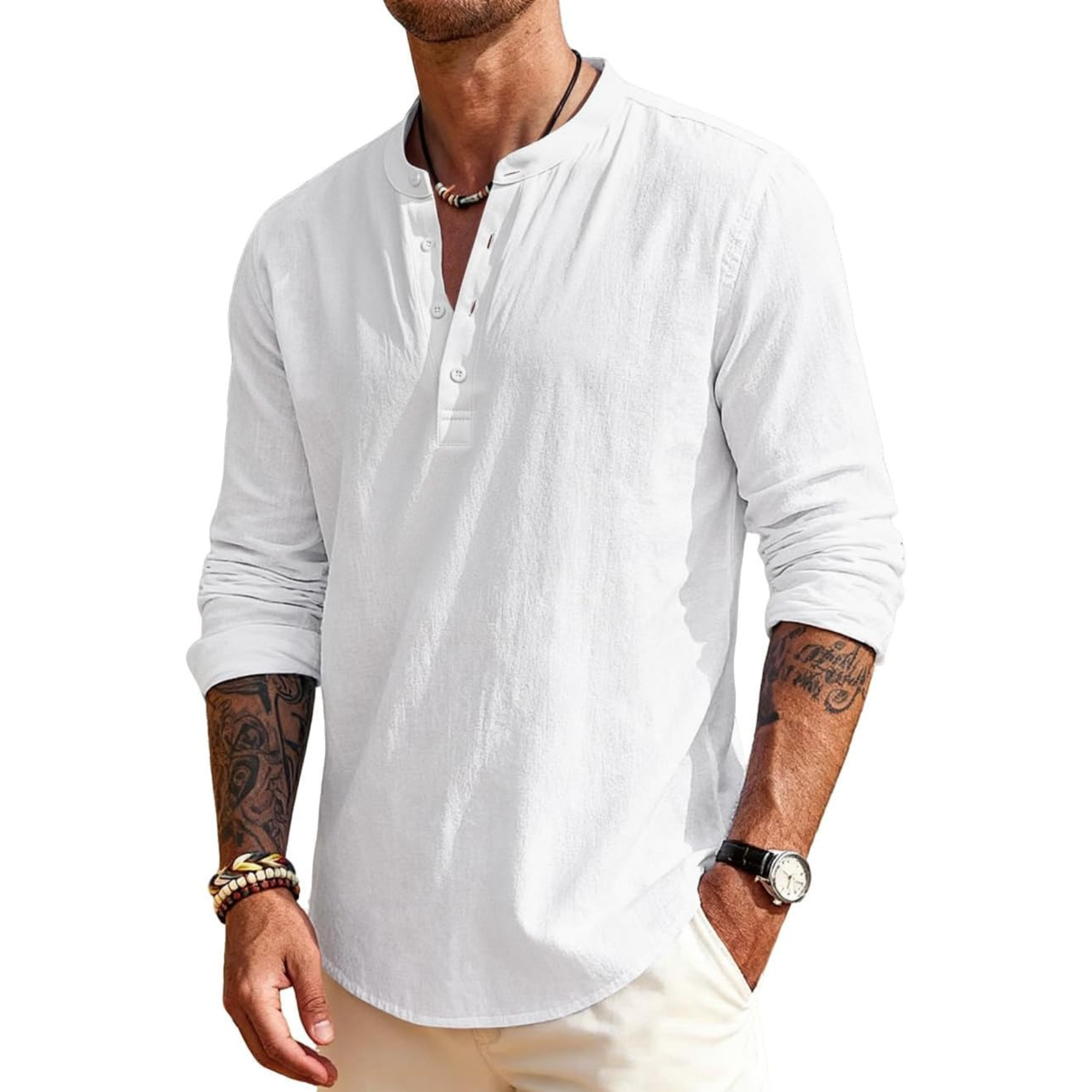 Linen Henley Long Sleeve Casual Beach Shirts