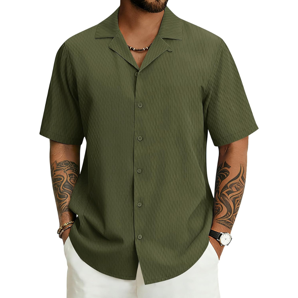 Casual Textured Cuban Beach Button Down Shirt