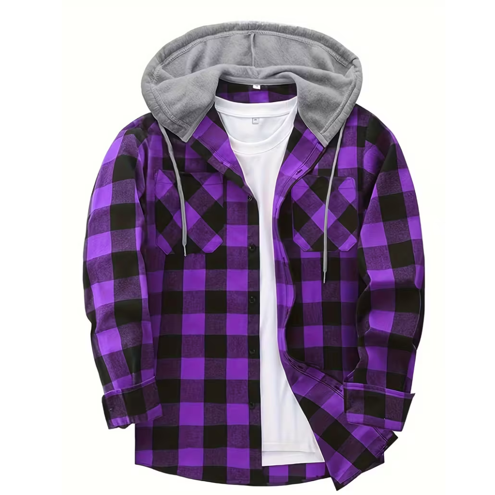 Checkered Button Front Jacket With Hood For Men