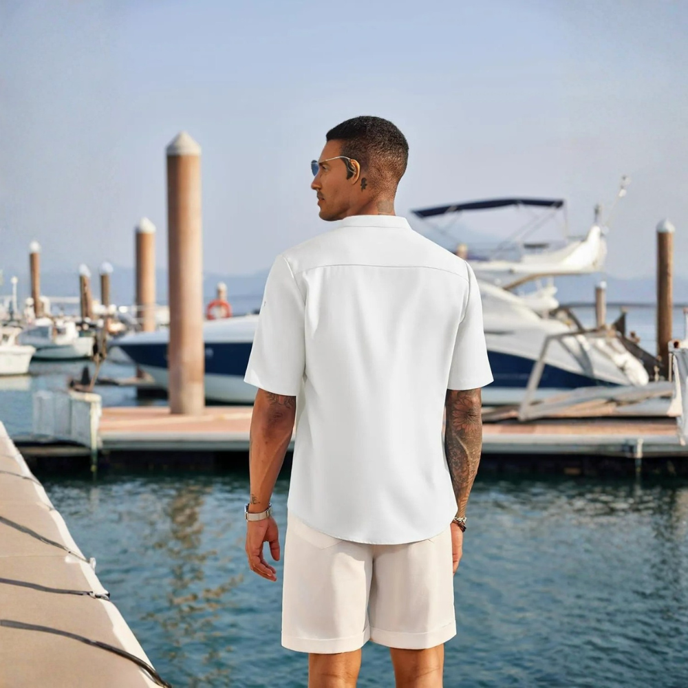 Textured Short Sleeve Casual Beach Button Down Shirt