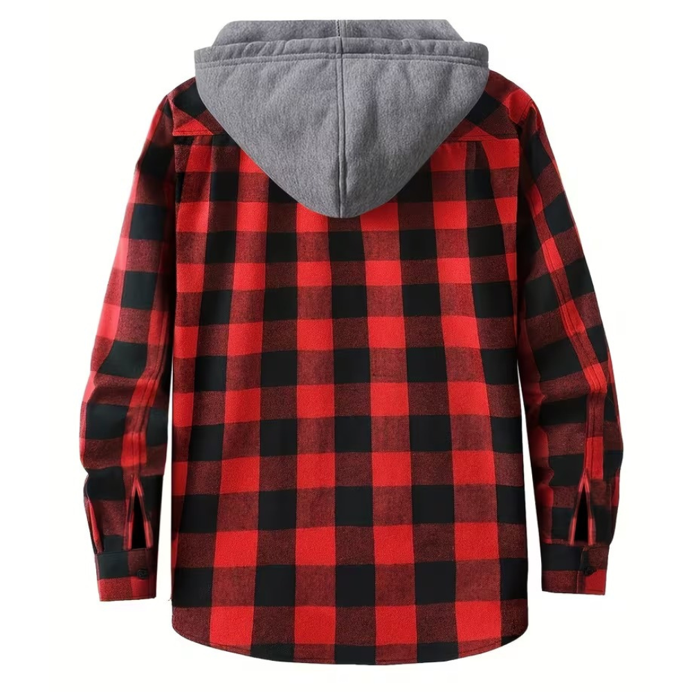 Plaid Hooded Jacket With Button Front And Long Sleeves