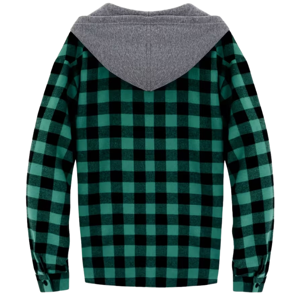 Plaid Hooded Jacket With Button Front And Long Sleeves