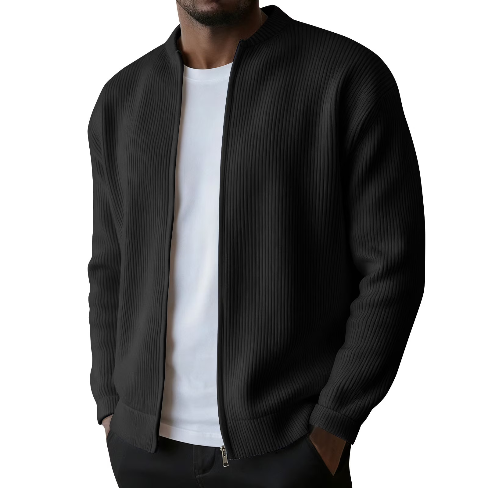 Casual Ribbed Zip Cotton Bomber Jacket for Men
