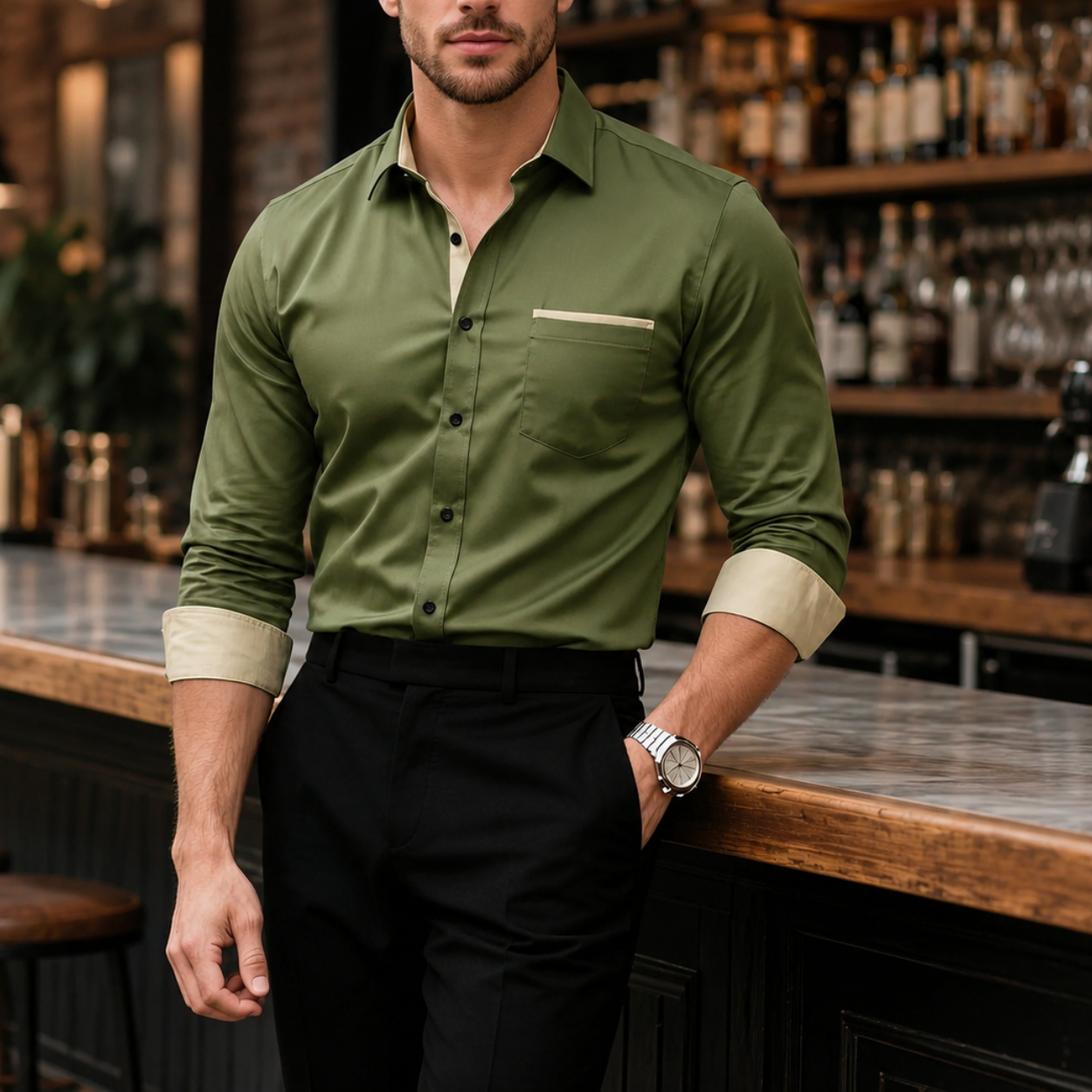 Long Sleeve Casual Formal Shirt With Contrast Design For Men