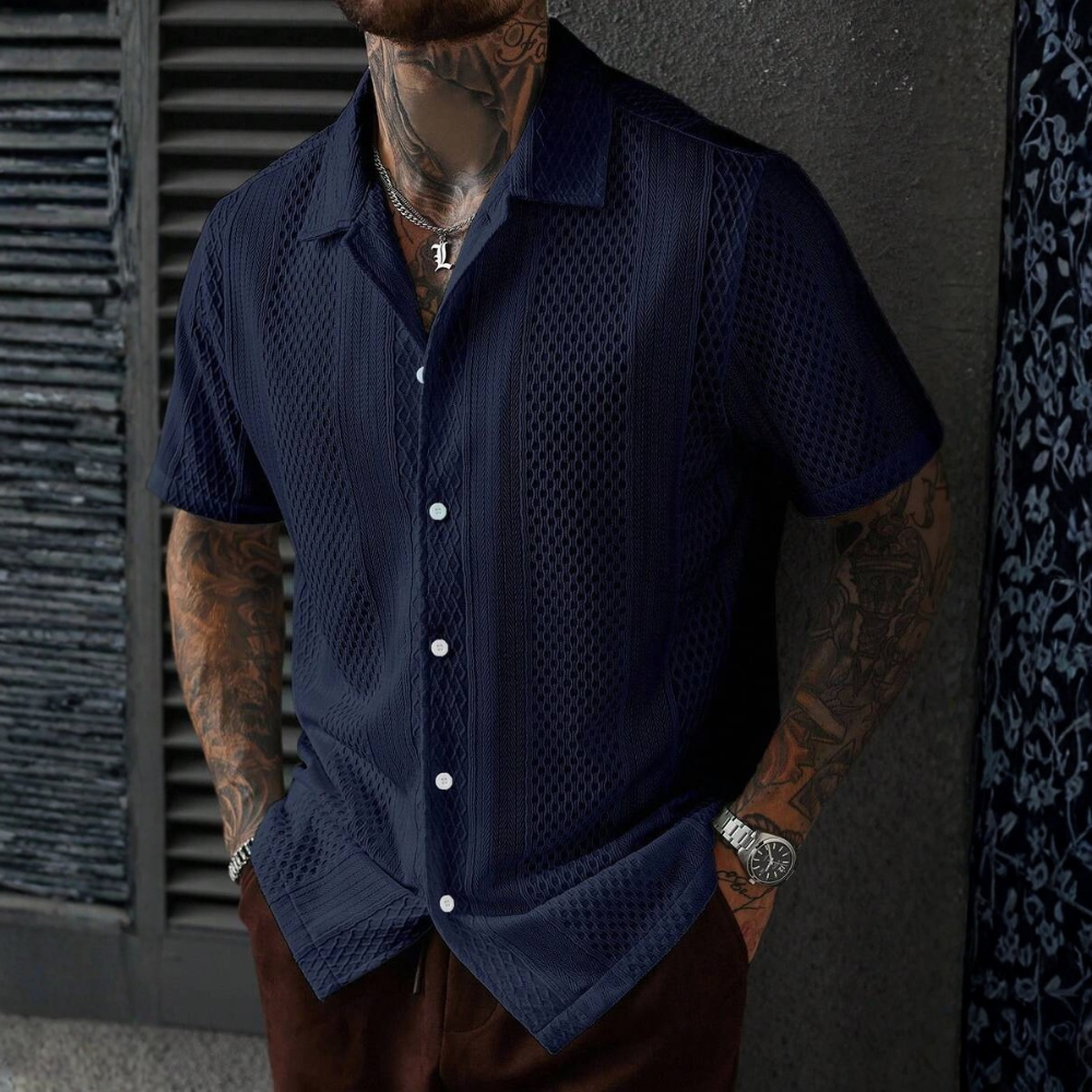 Solid Jacquard Knit Short Sleeve Shirt For Men