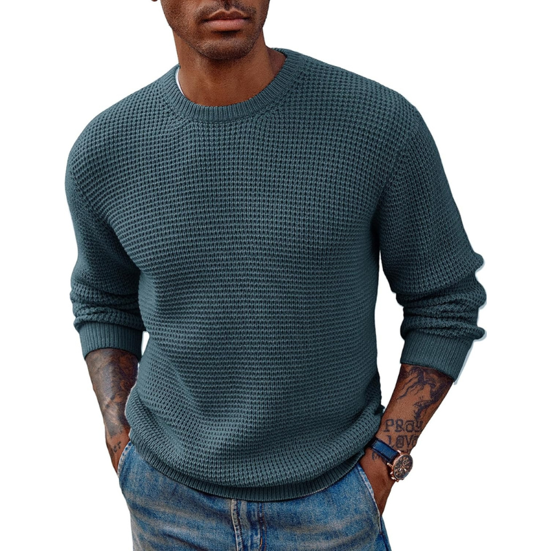 Mens Pullover Sweater Waffle Textured Long Sleeve Knitted Sweaters