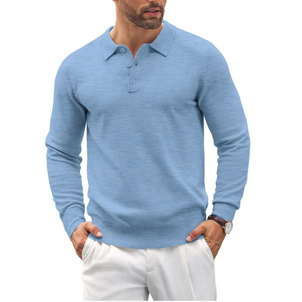 Long Sleeve Front Buttoned Knit Polo Shirt For Men