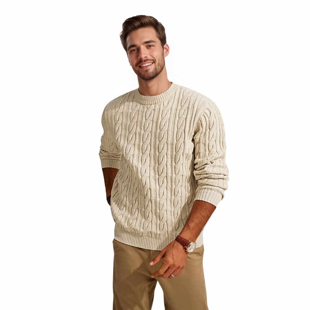 Mens Sweater Crewneck Cable Knit Pullover Sweater Casual Twist Textured Sweaters